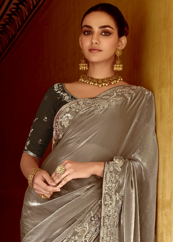 Stone Grey Tissue Silk Saree Beautified with Intricate Thread Embroidery And Sequin Accents - House of Sarvati LLC