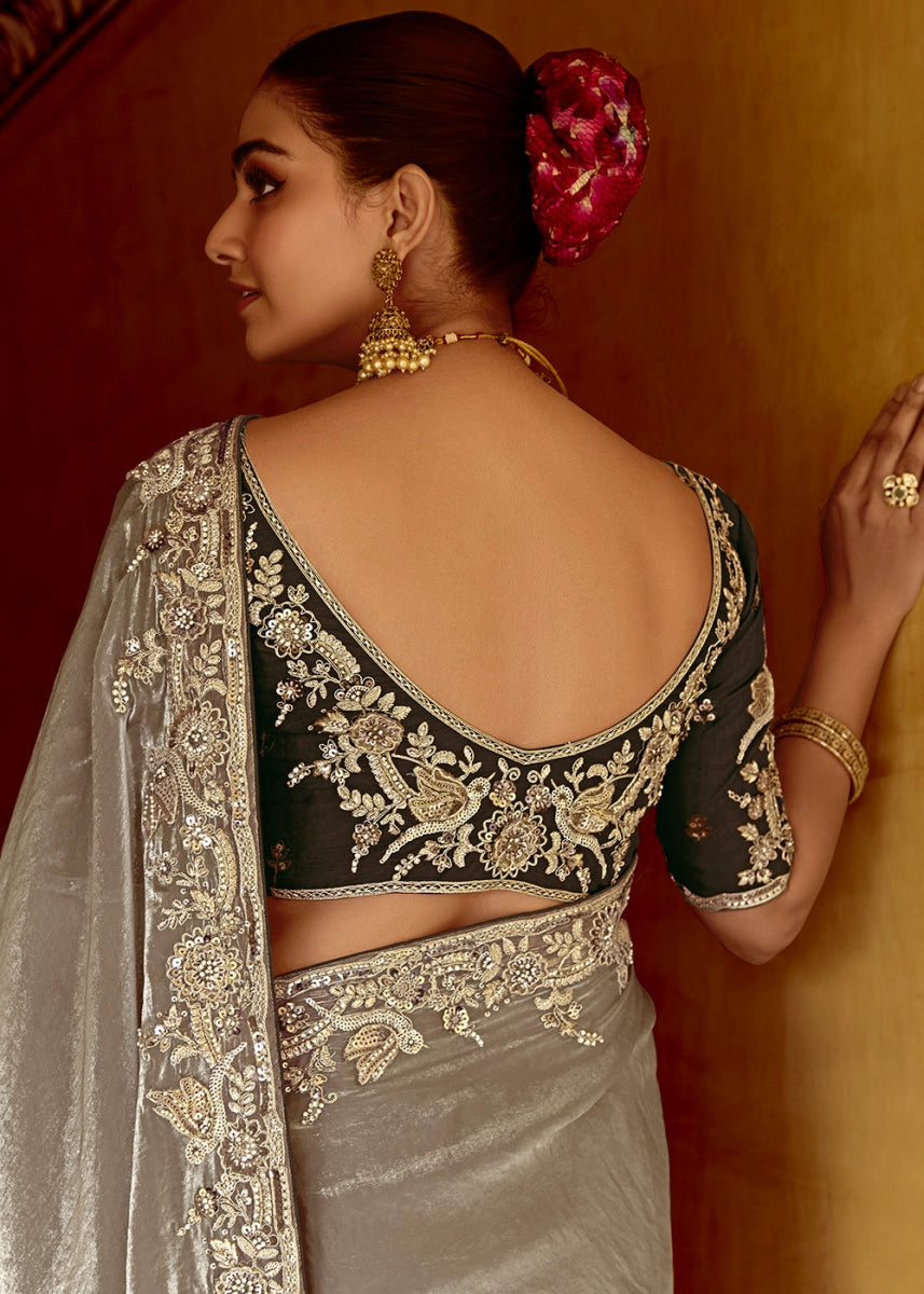 Stone Grey Tissue Silk Saree Beautified with Intricate Thread Embroidery And Sequin Accents - House of Sarvati LLC