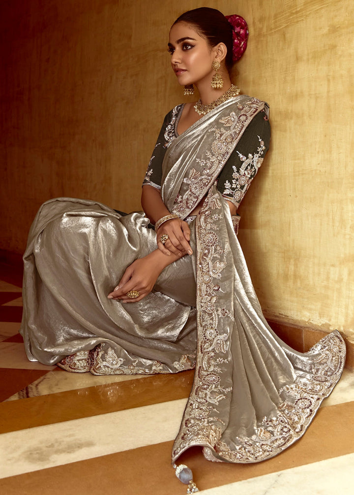 Stone Grey Tissue Silk Saree Beautified with Intricate Thread Embroidery And Sequin Accents - House of Sarvati LLC