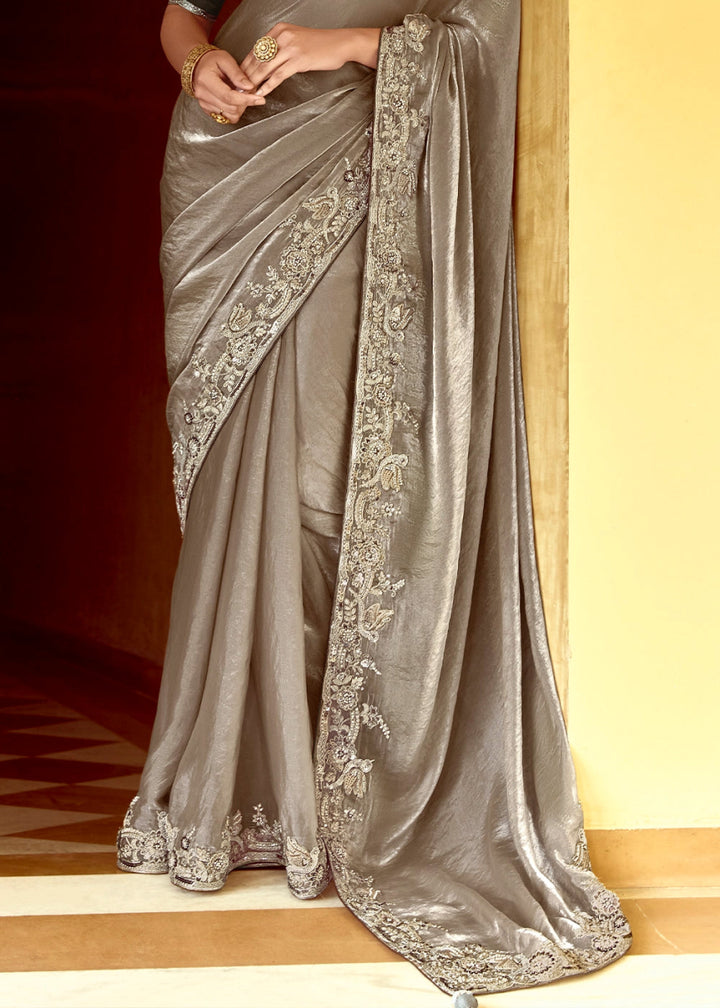 Stone Grey Tissue Silk Saree Beautified with Intricate Thread Embroidery And Sequin Accents - House of Sarvati LLC