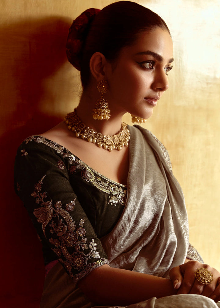 Stone Grey Tissue Silk Saree Beautified with Intricate Thread Embroidery And Sequin Accents - House of Sarvati LLC