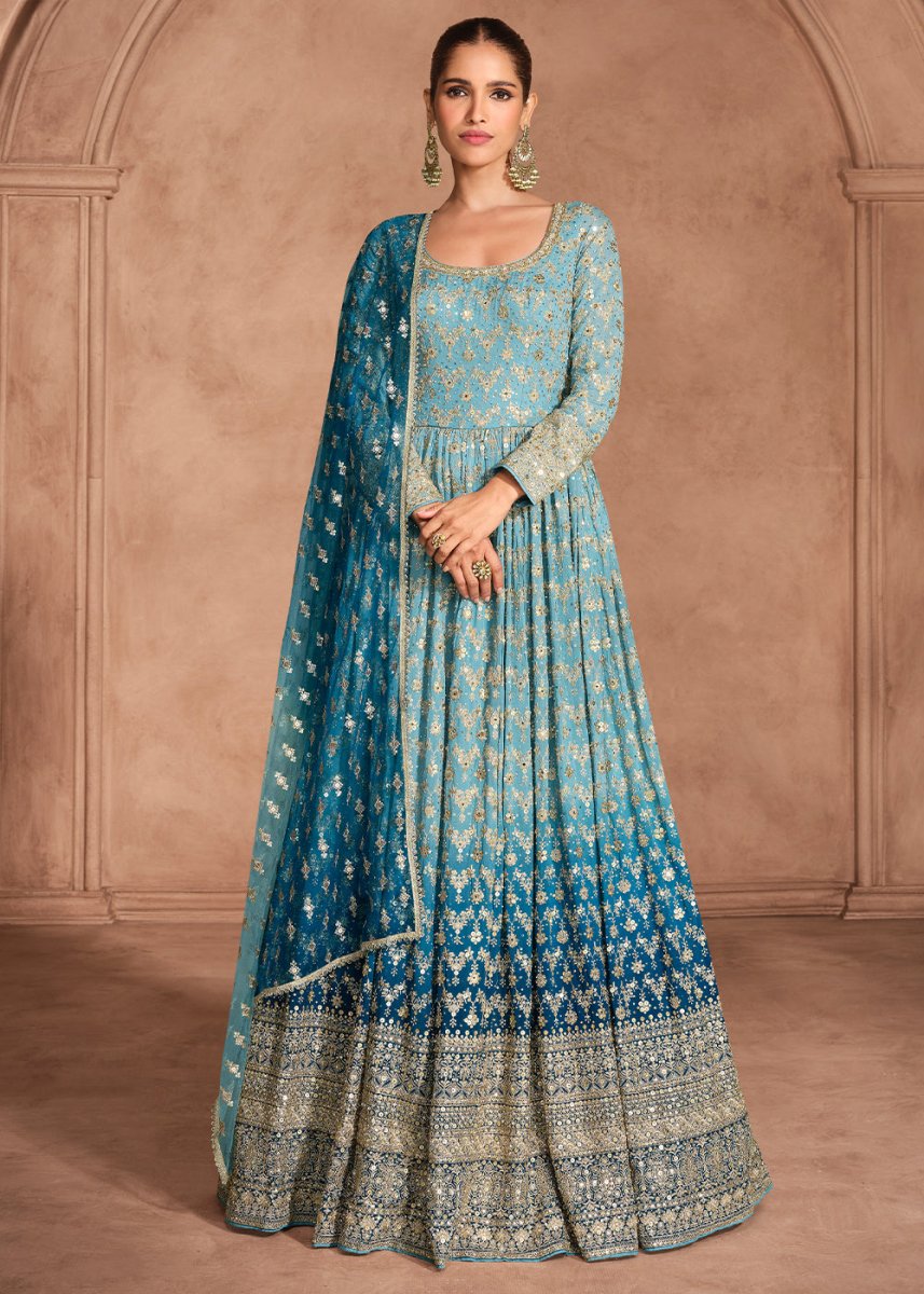 Stunning Shades of Blue Anarkali Gown with Embroidery - House of Sarvati LLC