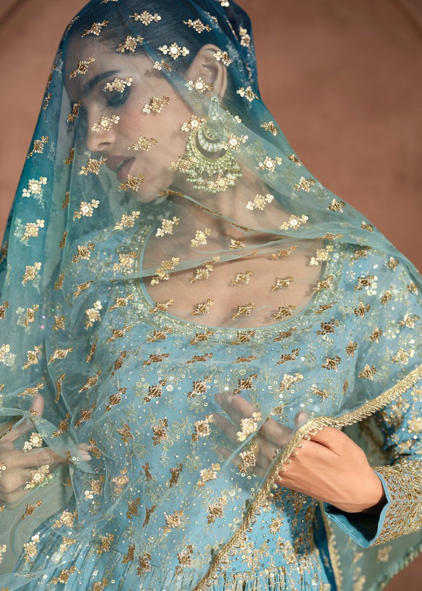 Stunning Shades of Blue Anarkali Gown with Embroidery - House of Sarvati LLC