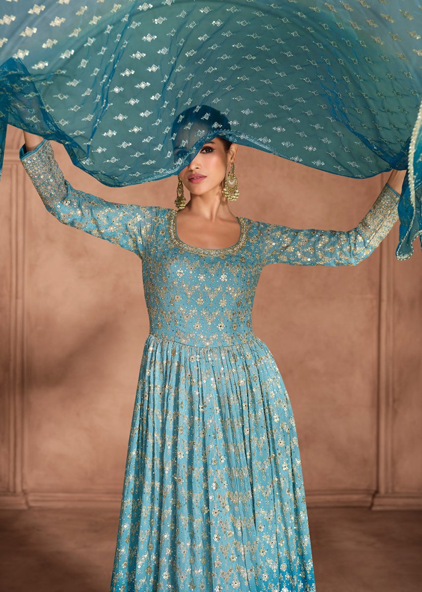 Stunning Shades of Blue Anarkali Gown with Embroidery - House of Sarvati LLC