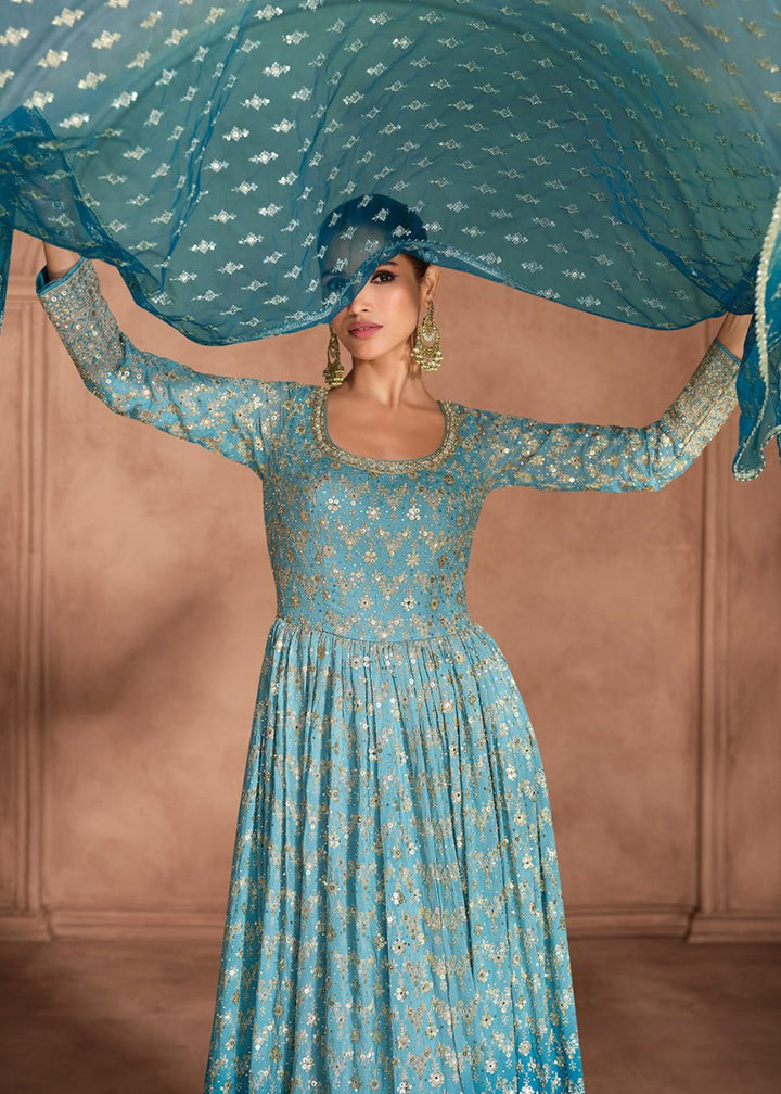 Stunning Shades of Blue Anarkali Gown with Embroidery - House of Sarvati LLC