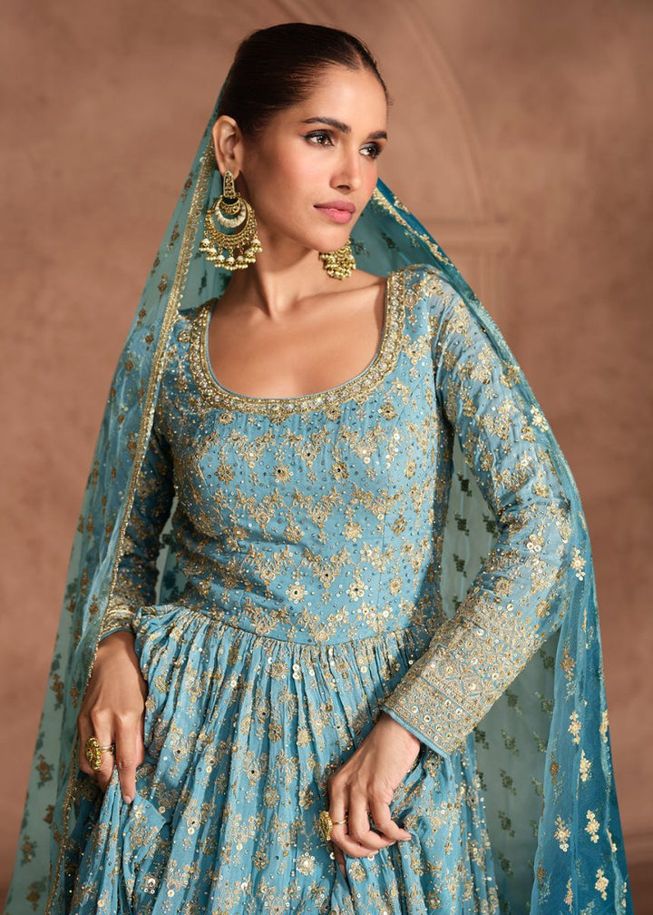 Stunning Shades of Blue Anarkali Gown with Embroidery - House of Sarvati LLC