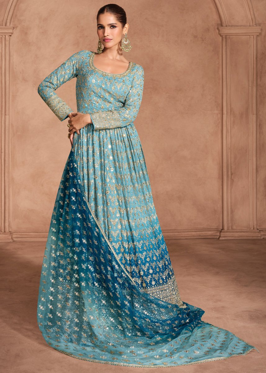 Stunning Shades of Blue Anarkali Gown with Embroidery - House of Sarvati LLC