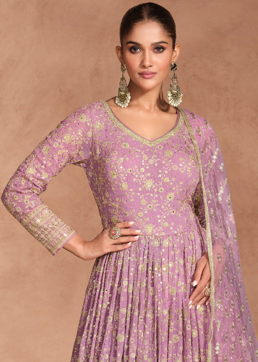 Stunning Shades of Purple Anarkali Gown with Embroidery - House of Sarvati LLC
