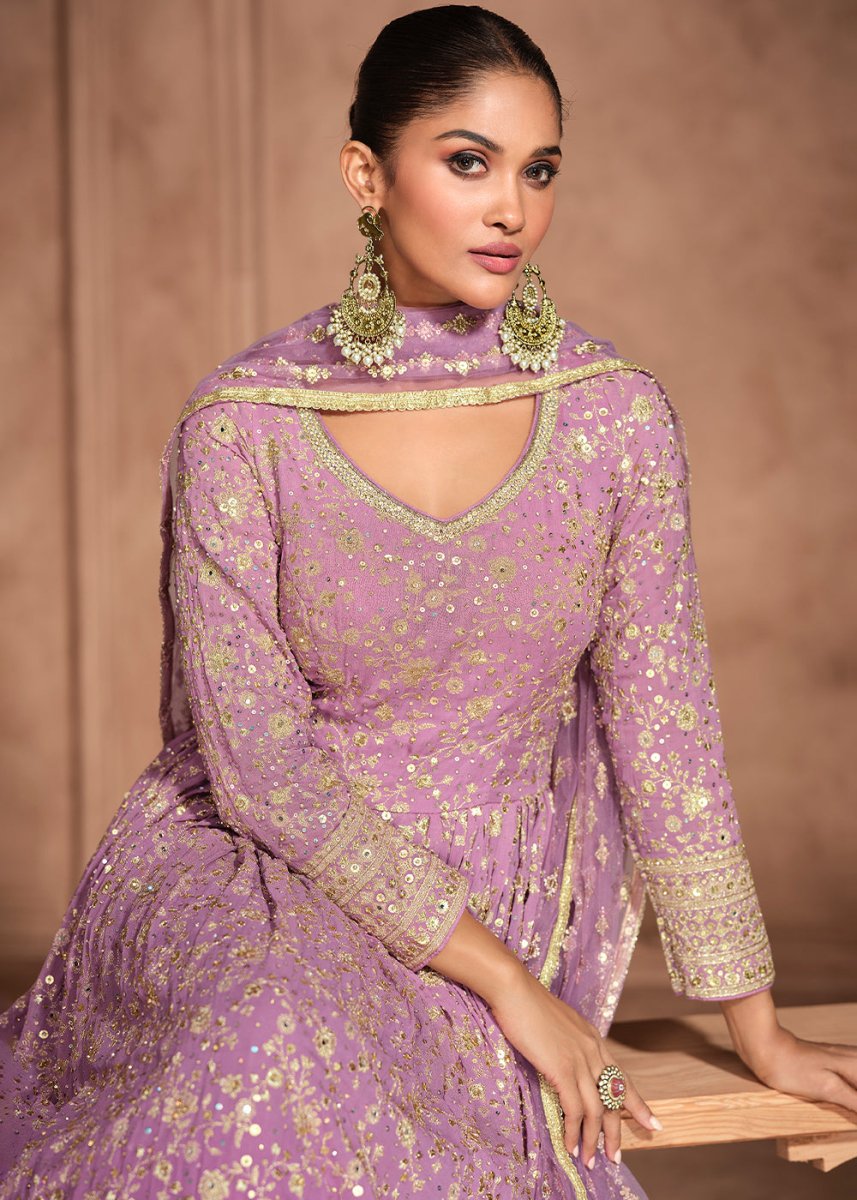Stunning Shades of Purple Anarkali Gown with Embroidery - House of Sarvati LLC