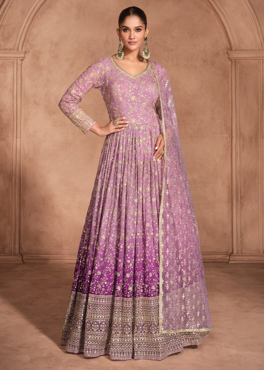 Stunning Shades of Purple Anarkali Gown with Embroidery - House of Sarvati LLC
