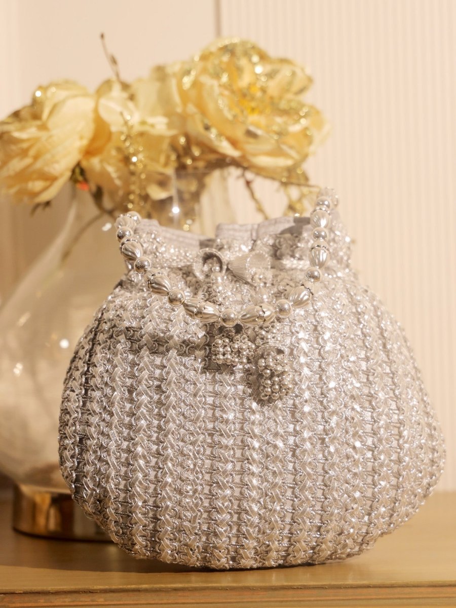 Subhika Silver Potli Bag - House of Sarvati LLC