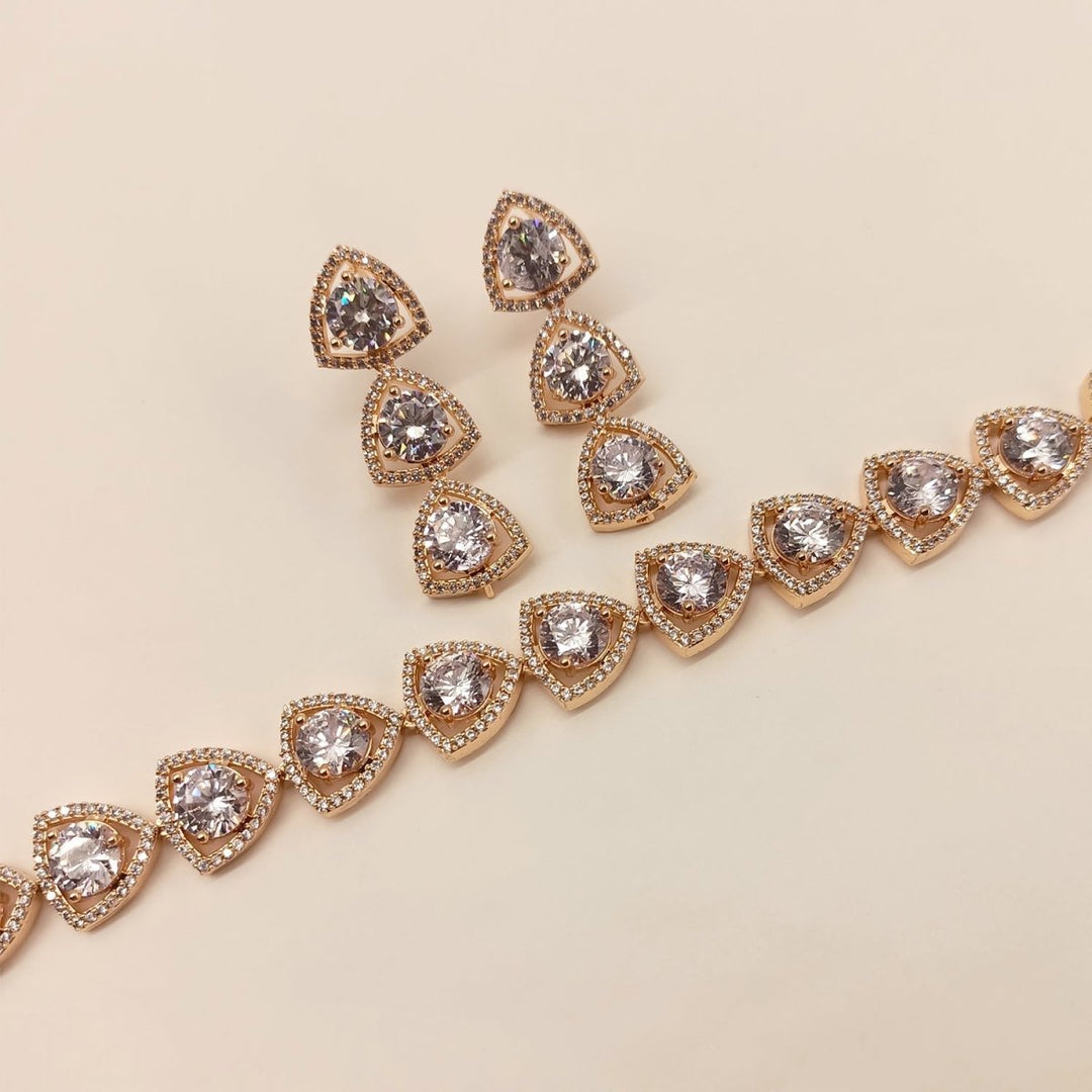Sufiya Rose Gold Plated Semiprecious White Stone American Diamond Set - House of Sarvati LLC