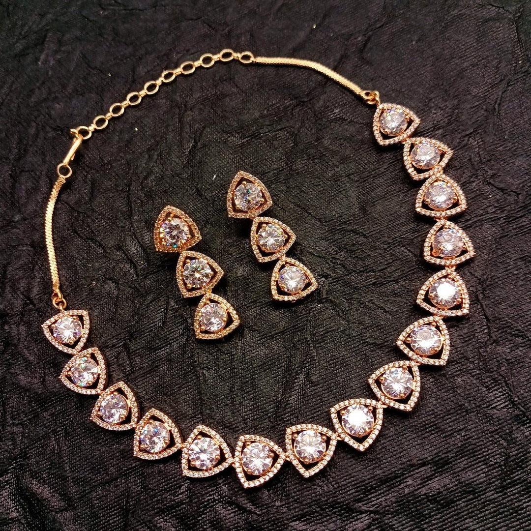 Sufiya Rose Gold Plated Semiprecious White Stone American Diamond Set - House of Sarvati LLC