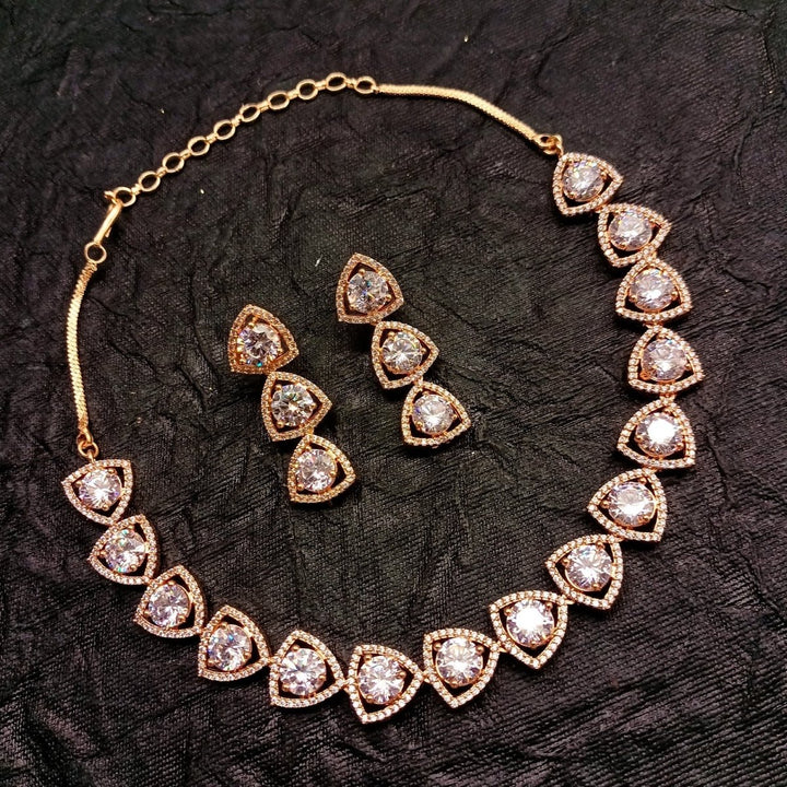Sufiya Rose Gold Plated Semiprecious White Stone American Diamond Set - House of Sarvati LLC