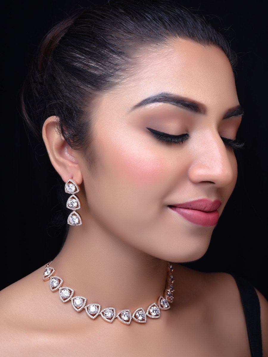 Sufiya Rose Gold Plated Semiprecious White Stone American Diamond Set - House of Sarvati LLC