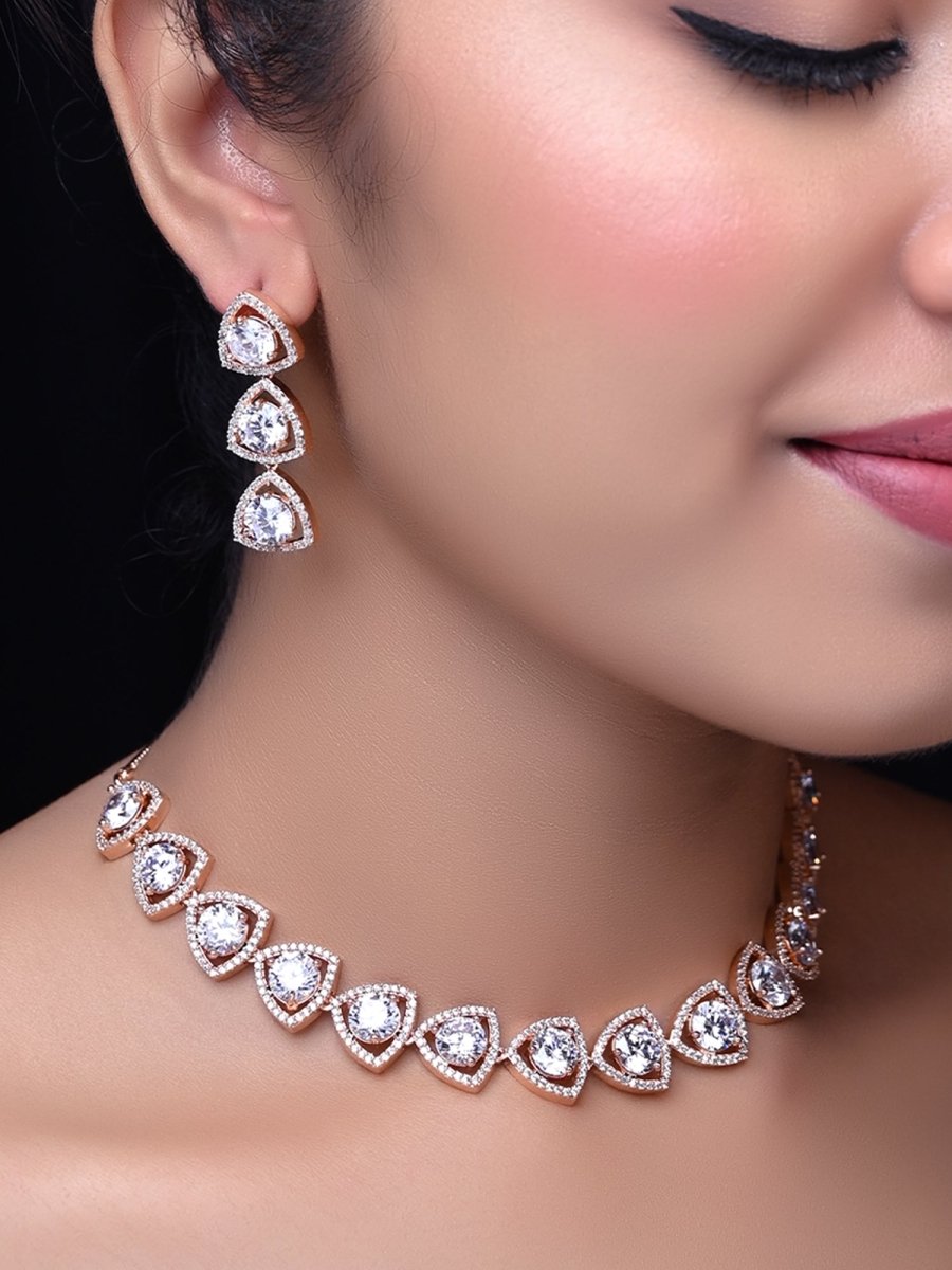 Sufiya Rose Gold Plated Semiprecious White Stone American Diamond Set - House of Sarvati LLC