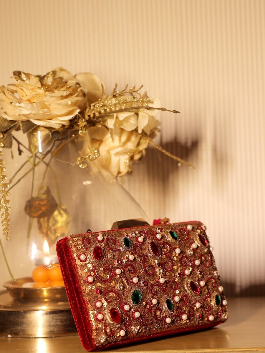 Swati Maroon Evening Clutch - House of Sarvati LLC