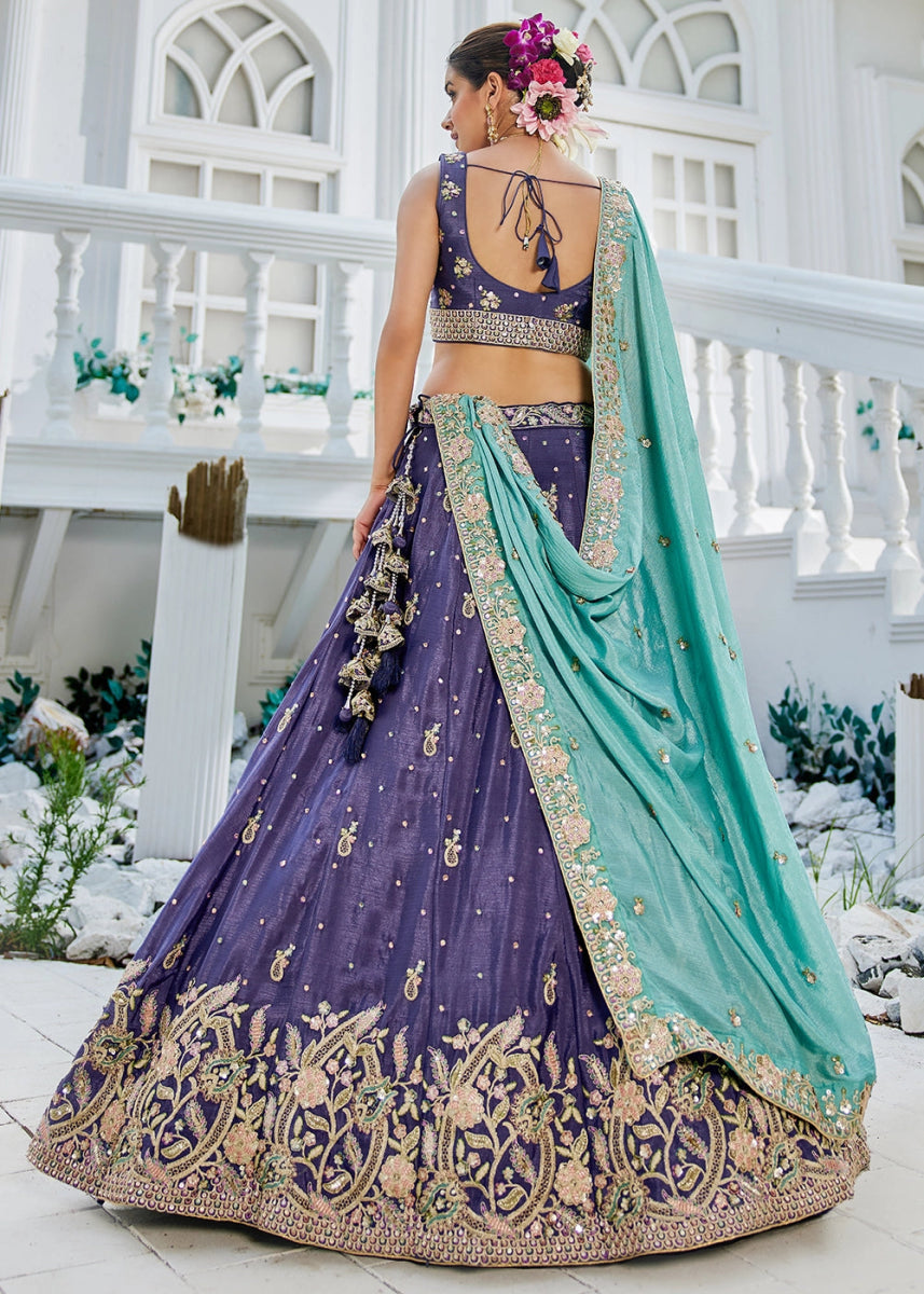 Tacao Purple Chiffon Lehenga Choli with Sequins and Floral Embroidery - House of Sarvati LLC