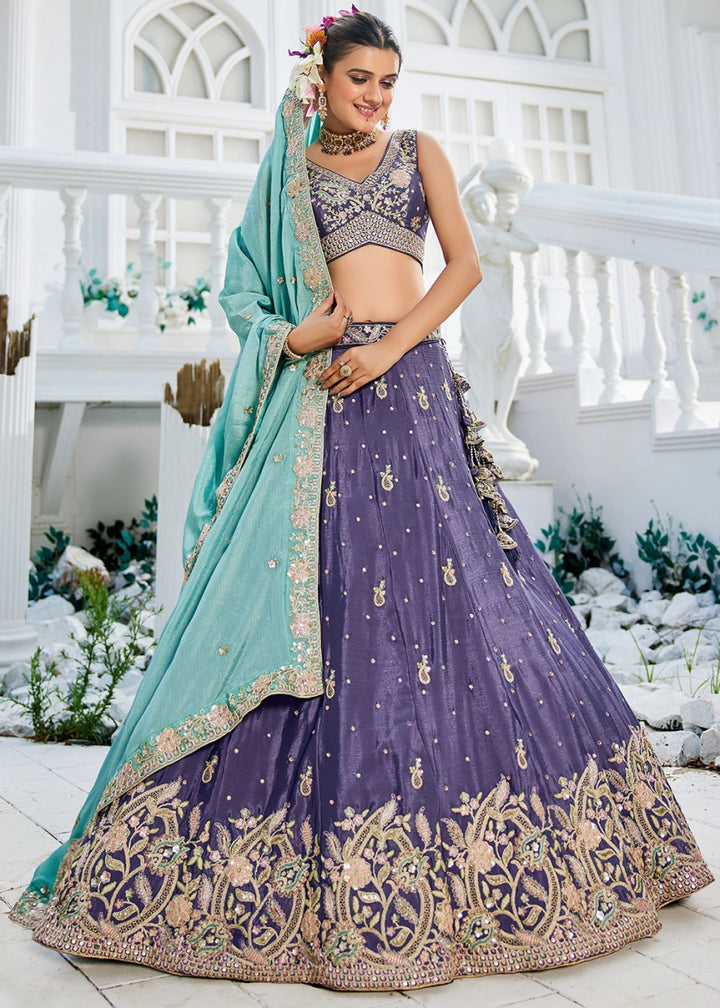 Tacao Purple Chiffon Lehenga Choli with Sequins and Floral Embroidery - House of Sarvati LLC