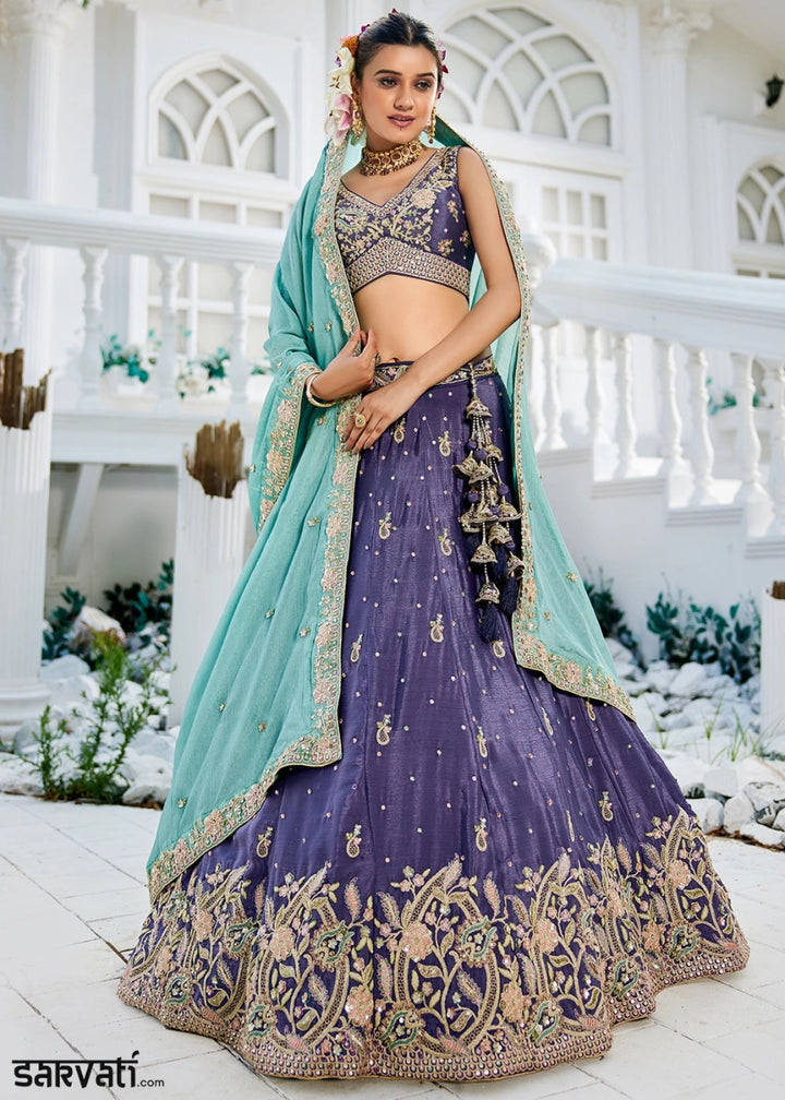 Tacao Purple Chiffon Lehenga Choli with Sequins and Floral Embroidery - House of Sarvati LLC