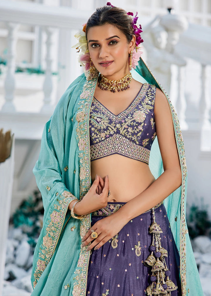 Tacao Purple Chiffon Lehenga Choli with Sequins and Floral Embroidery - House of Sarvati LLC