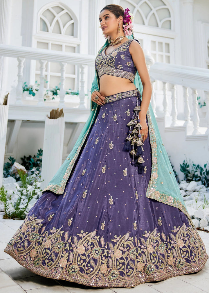Tacao Purple Chiffon Lehenga Choli with Sequins and Floral Embroidery - House of Sarvati LLC