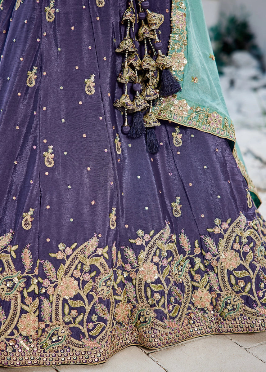 Tacao Purple Chiffon Lehenga Choli with Sequins and Floral Embroidery - House of Sarvati LLC