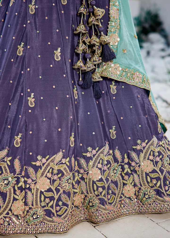 Tacao Purple Chiffon Lehenga Choli with Sequins and Floral Embroidery - House of Sarvati LLC