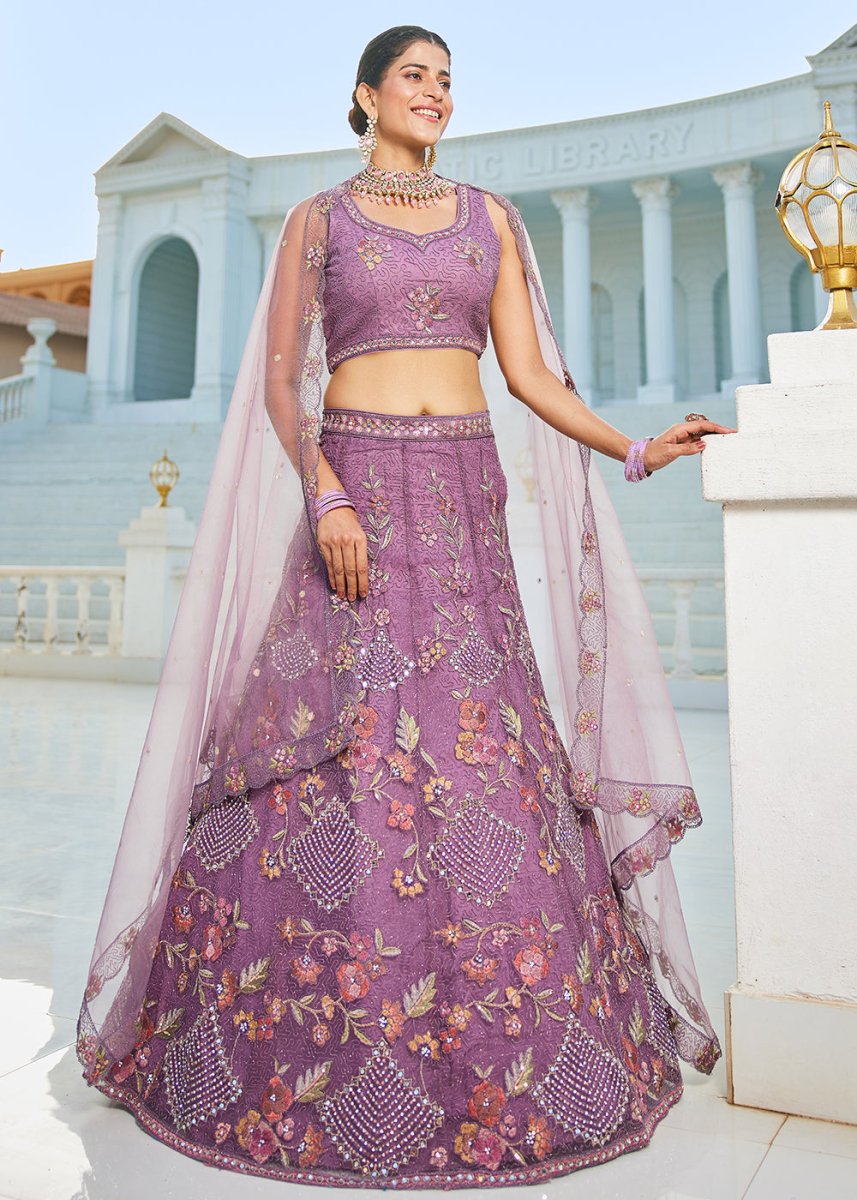 Tacao Purple Net Lehenga Choli with Coding & Zarkan Work - House of Sarvati LLC