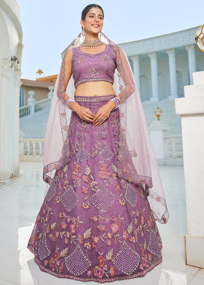 Tacao Purple Net Lehenga Choli with Coding & Zarkan Work - House of Sarvati LLC