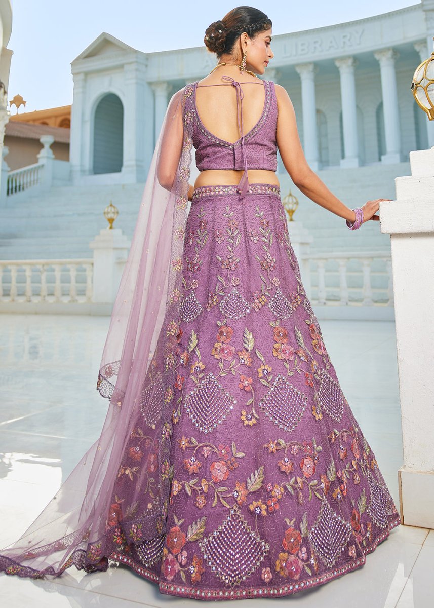 Tacao Purple Net Lehenga Choli with Coding & Zarkan Work - House of Sarvati LLC