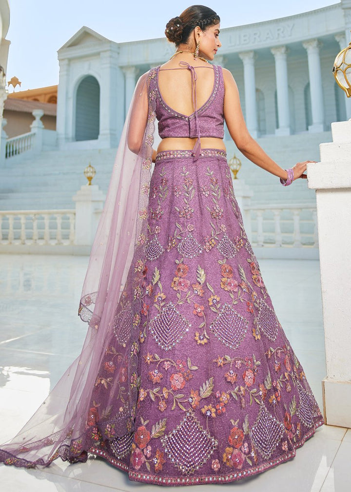 Tacao Purple Net Lehenga Choli with Coding & Zarkan Work - House of Sarvati LLC