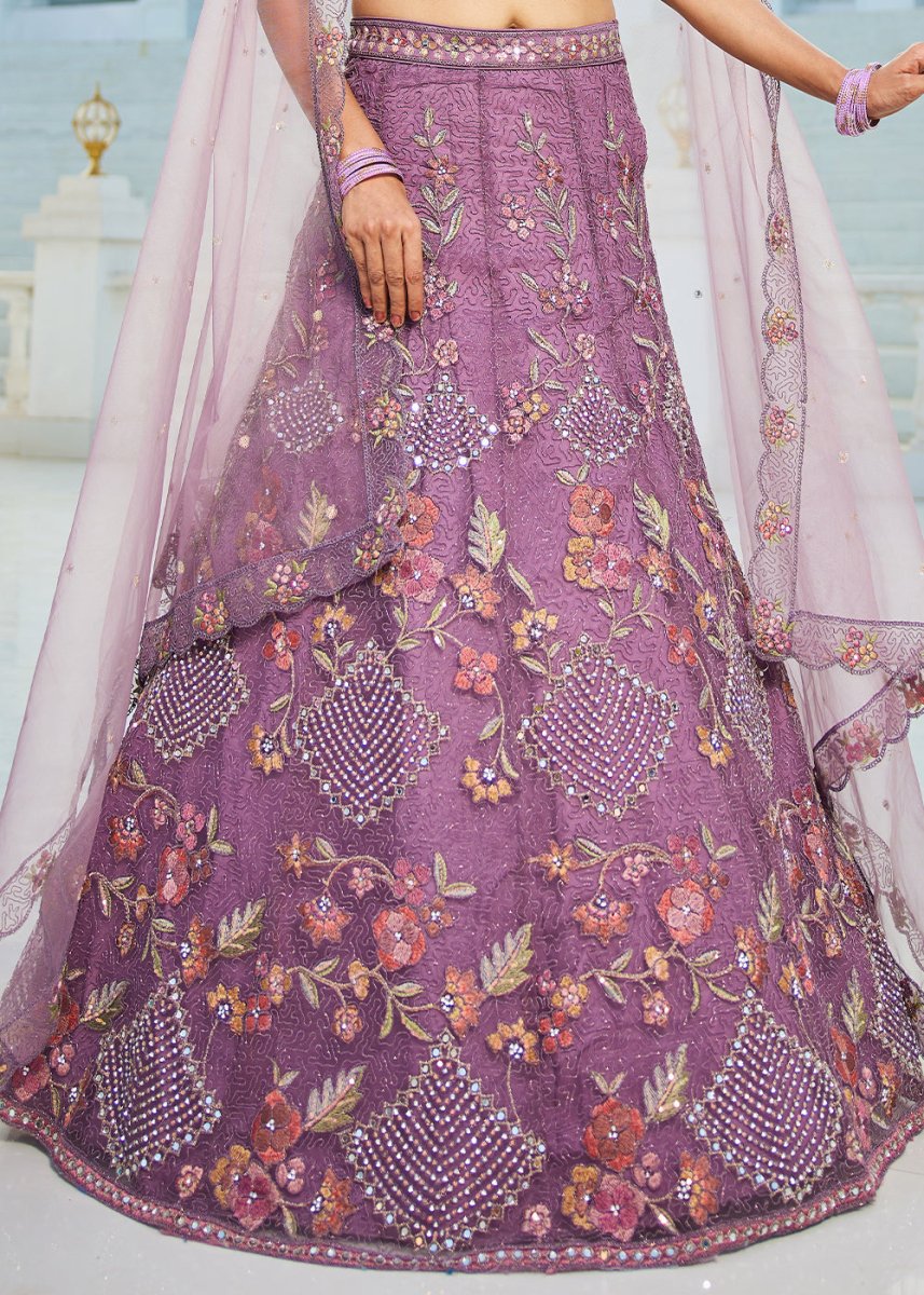 Tacao Purple Net Lehenga Choli with Coding & Zarkan Work - House of Sarvati LLC
