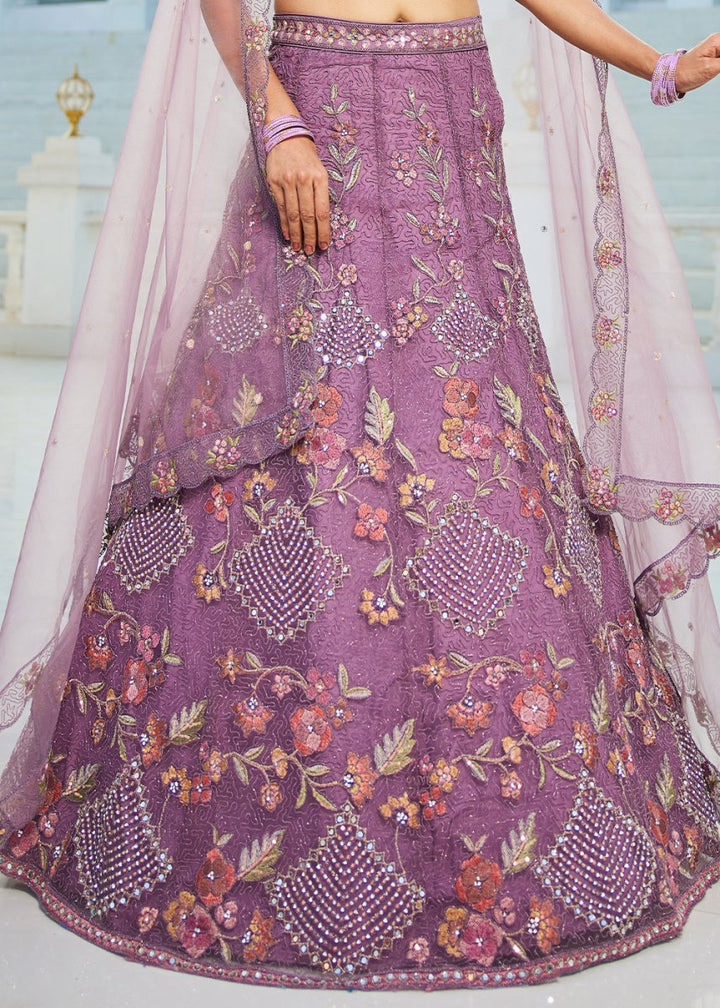 Tacao Purple Net Lehenga Choli with Coding & Zarkan Work - House of Sarvati LLC