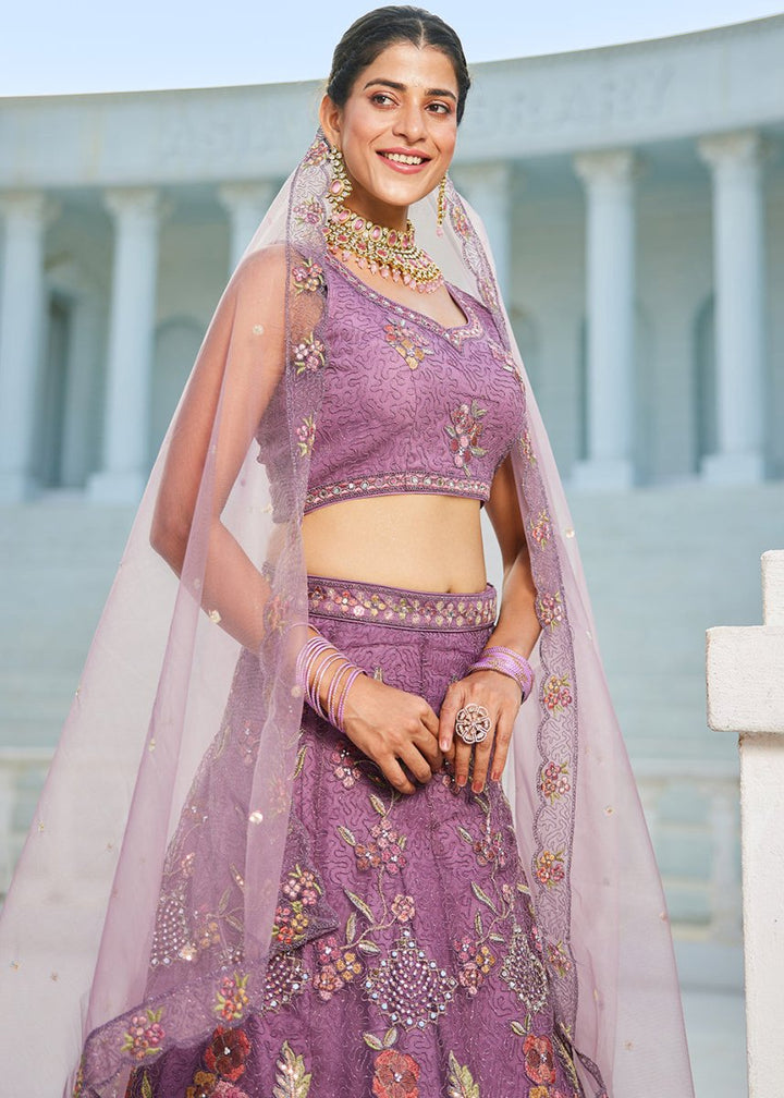 Tacao Purple Net Lehenga Choli with Coding & Zarkan Work - House of Sarvati LLC