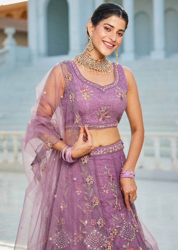 Tacao Purple Net Lehenga Choli with Coding & Zarkan Work - House of Sarvati LLC