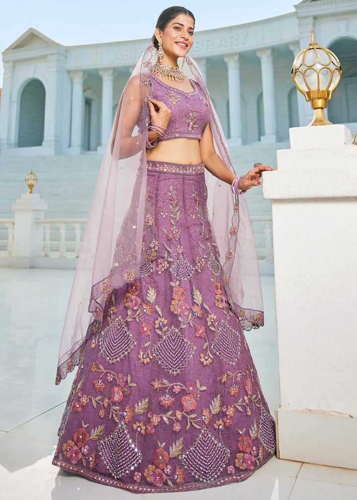 Tacao Purple Net Lehenga Choli with Coding & Zarkan Work - House of Sarvati LLC