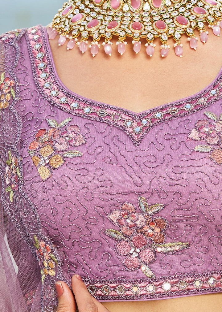 Tacao Purple Net Lehenga Choli with Coding & Zarkan Work - House of Sarvati LLC