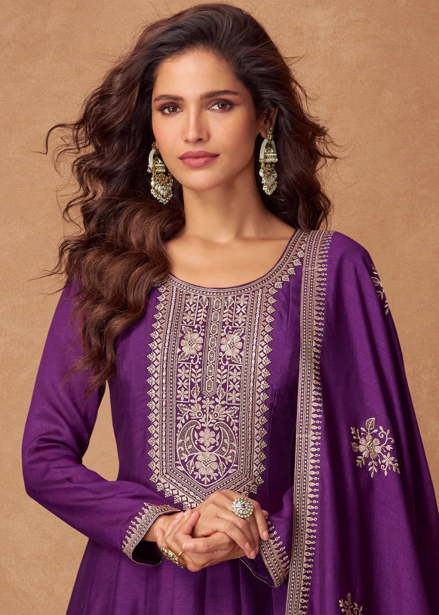 Tacao Purple Silk Anarkali Gown with Handcrafted Embroidery - House of Sarvati LLC