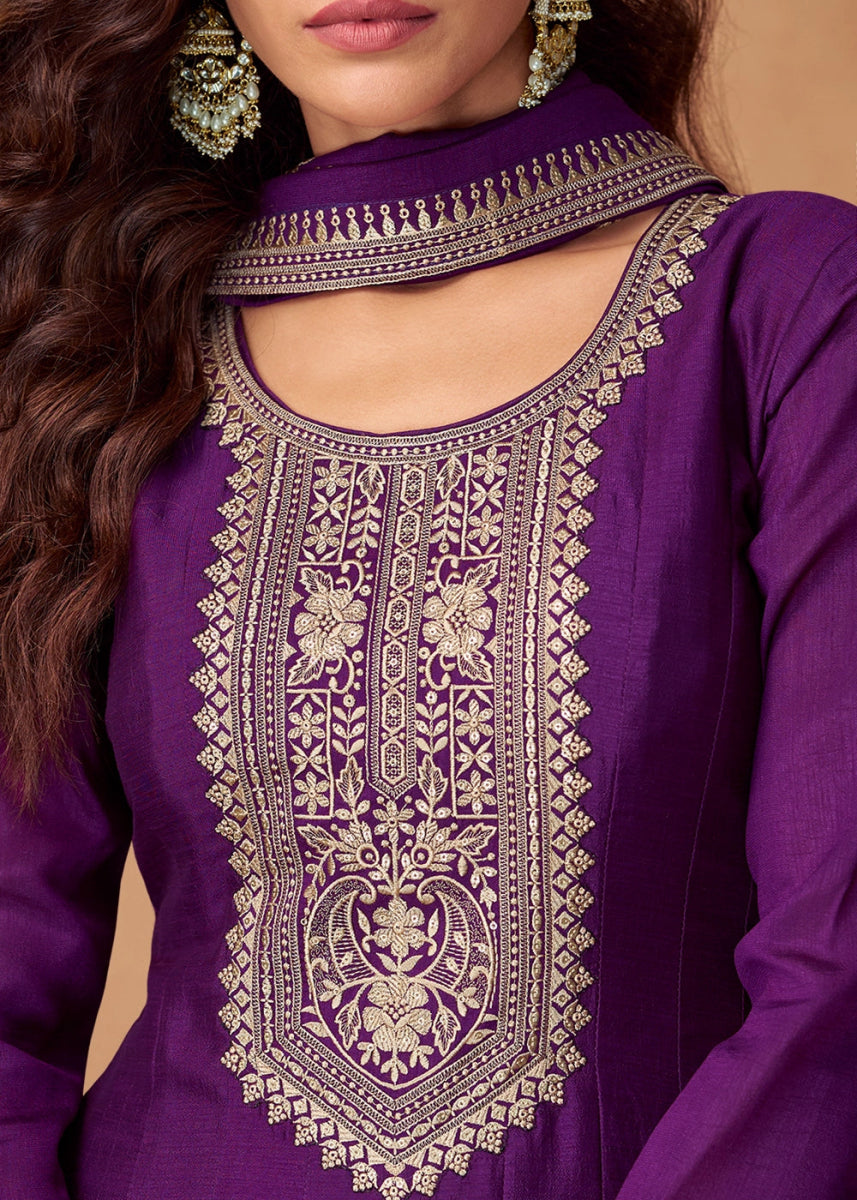 Tacao Purple Silk Anarkali Gown with Handcrafted Embroidery - House of Sarvati LLC
