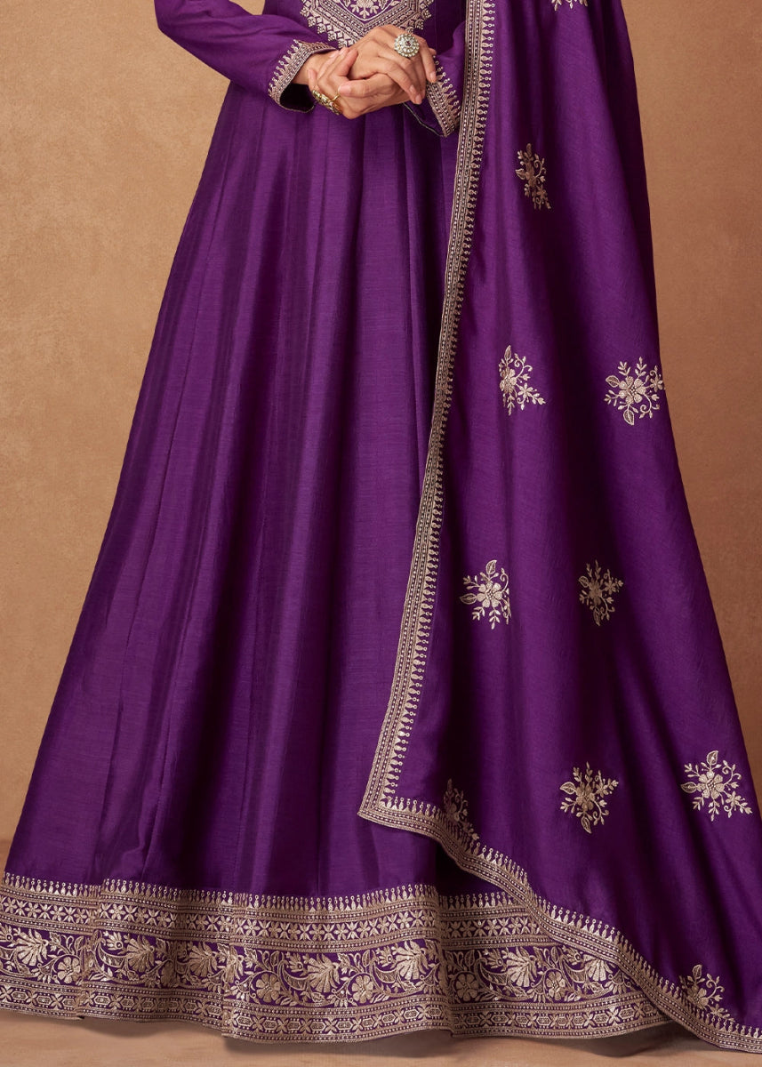 Tacao Purple Silk Anarkali Gown with Handcrafted Embroidery - House of Sarvati LLC
