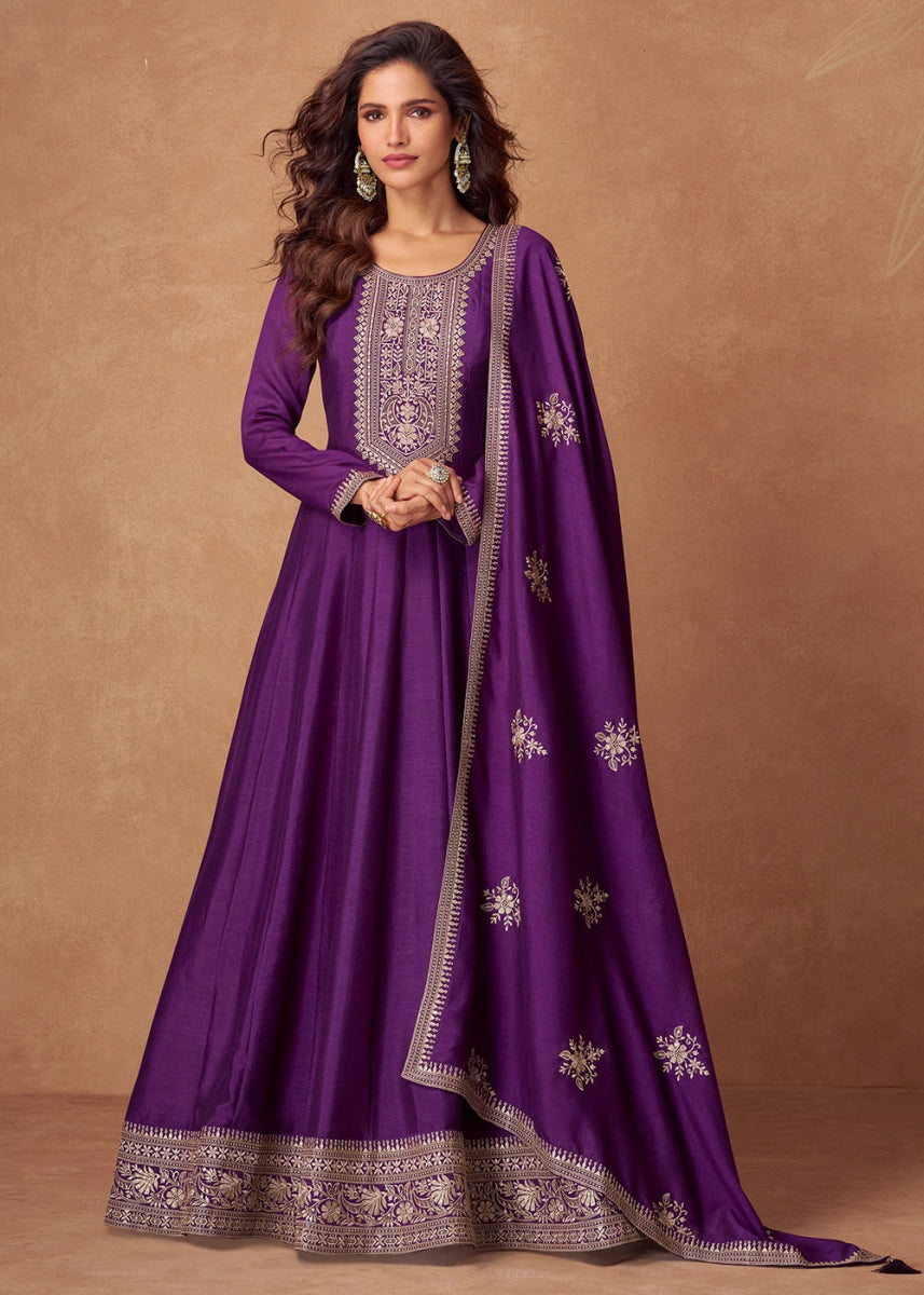 Tacao Purple Silk Anarkali Gown with Handcrafted Embroidery - House of Sarvati LLC
