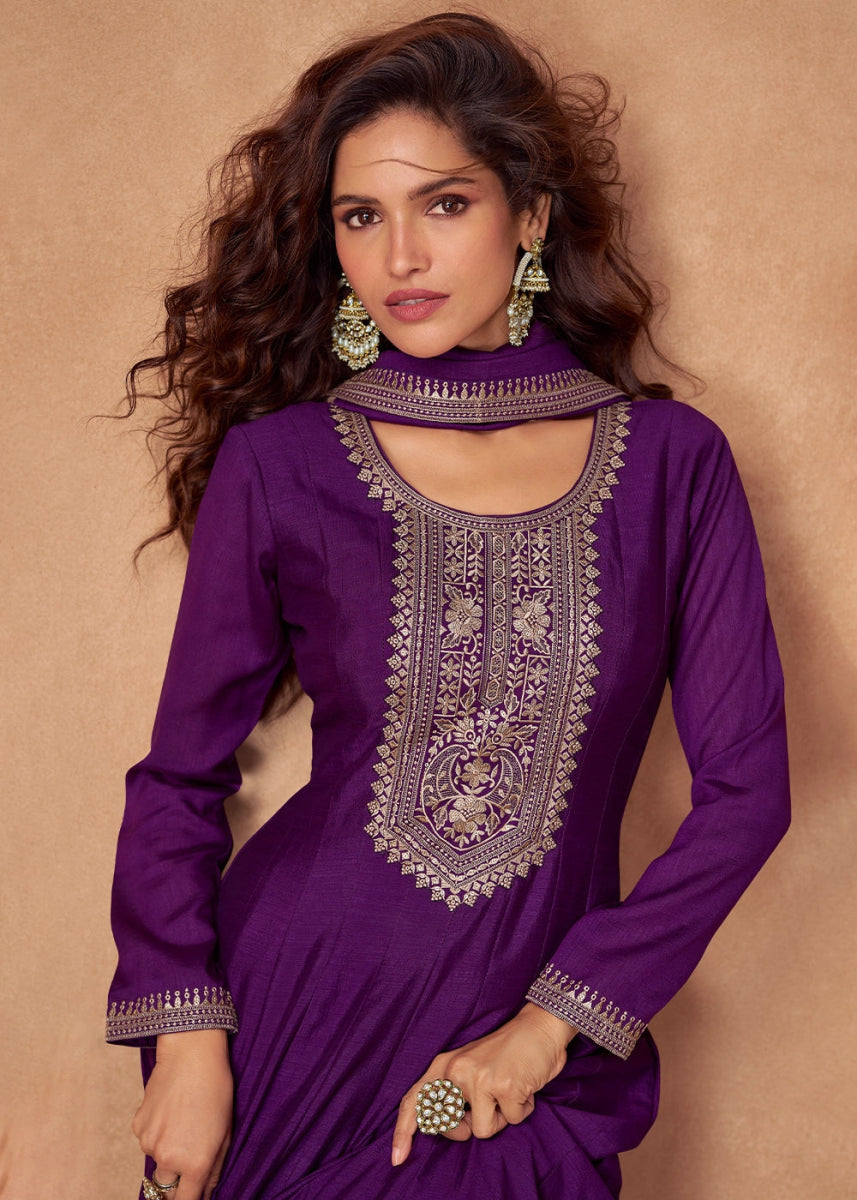 Tacao Purple Silk Anarkali Gown with Handcrafted Embroidery - House of Sarvati LLC