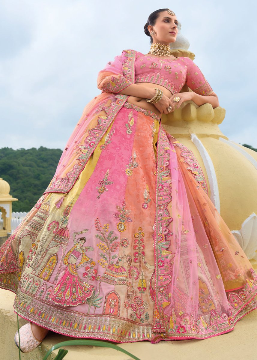 Taffy Pink Banarasi Silk Lehenga with Heavy Khatli & Embroidery Work - House of Sarvati LLC
