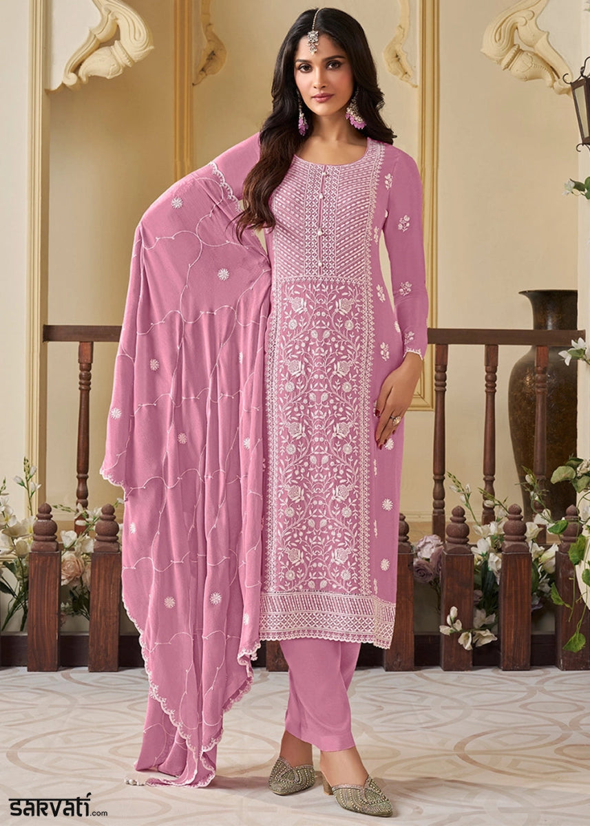 Taffy Pink Chinon Silk Suit with Intricate White Thread & Sequin Embroidery - House of Sarvati LLC