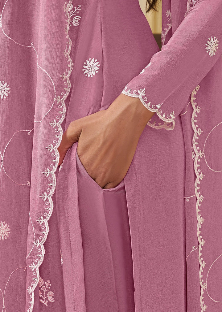 Taffy Pink Chinon Silk Suit with Intricate White Thread & Sequin Embroidery - House of Sarvati LLC