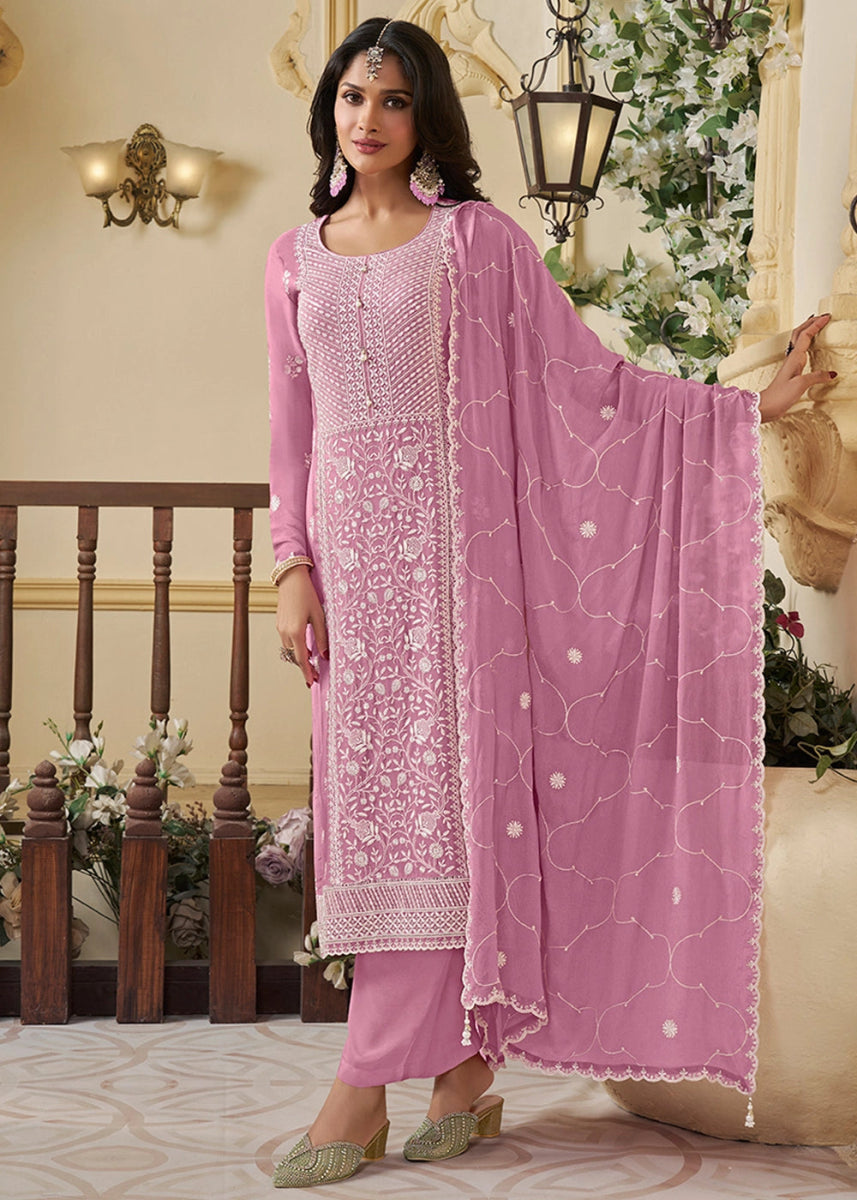 Taffy Pink Chinon Silk Suit with Intricate White Thread & Sequin Embroidery - House of Sarvati LLC