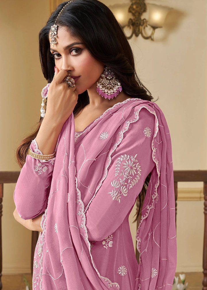 Taffy Pink Chinon Silk Suit with Intricate White Thread & Sequin Embroidery - House of Sarvati LLC
