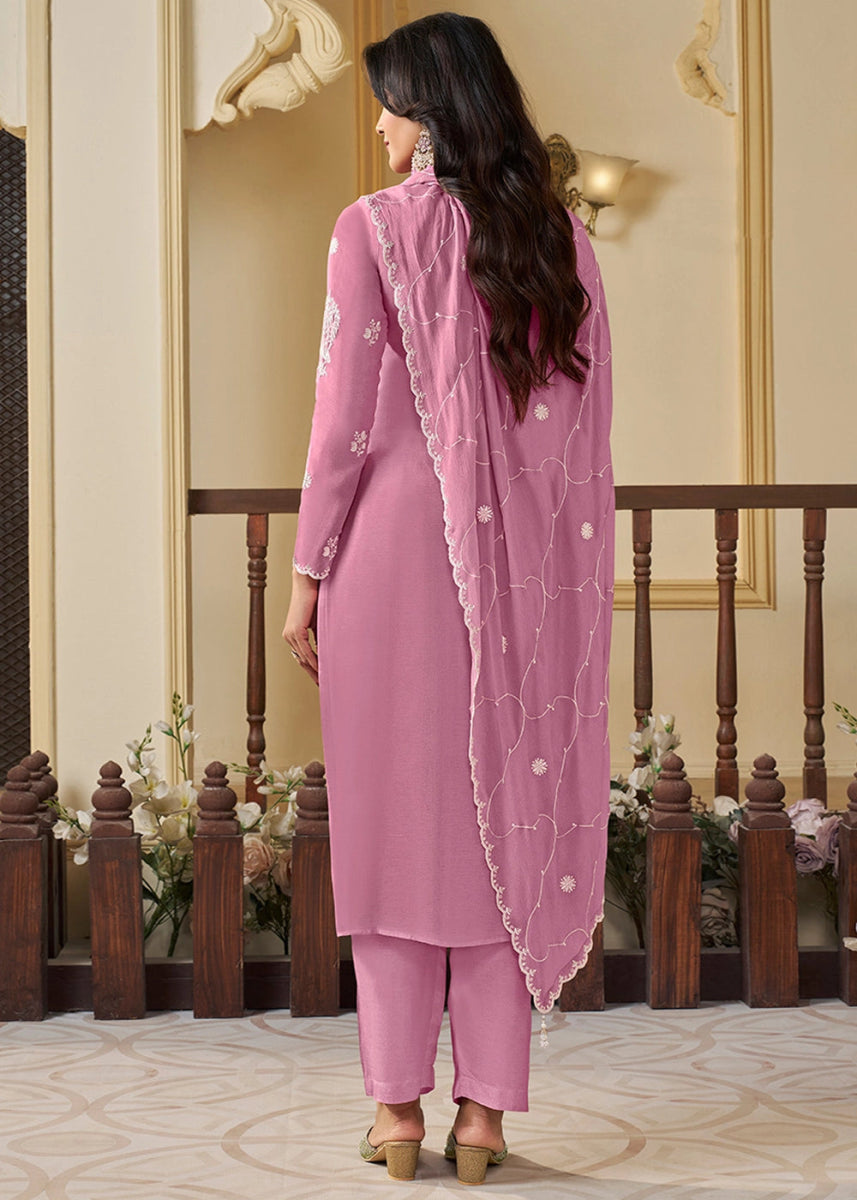 Taffy Pink Chinon Silk Suit with Intricate White Thread & Sequin Embroidery - House of Sarvati LLC
