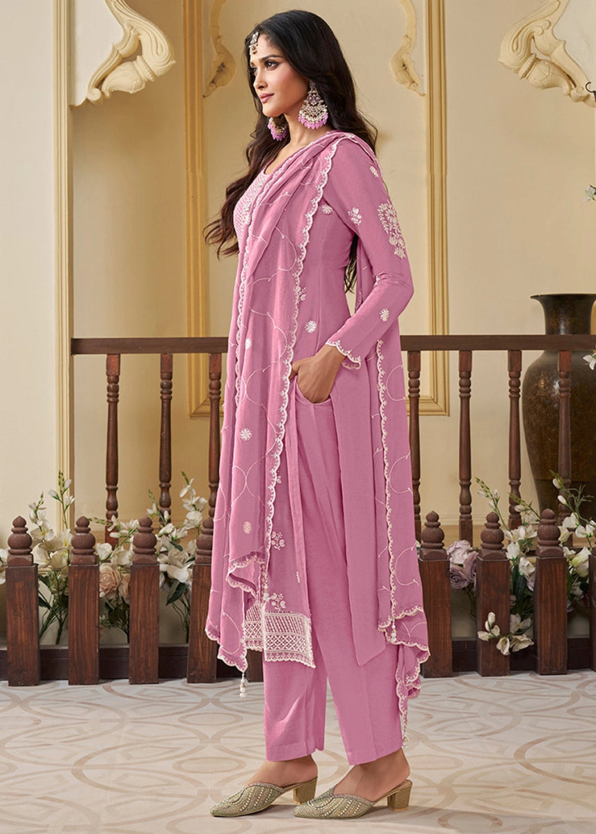 Taffy Pink Chinon Silk Suit with Intricate White Thread & Sequin Embroidery - House of Sarvati LLC